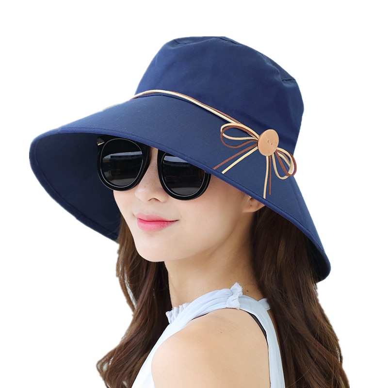 Simple kvinder sommer strand rejse bowknot bred skygge solhat vendbar foldbar kasket pigehat