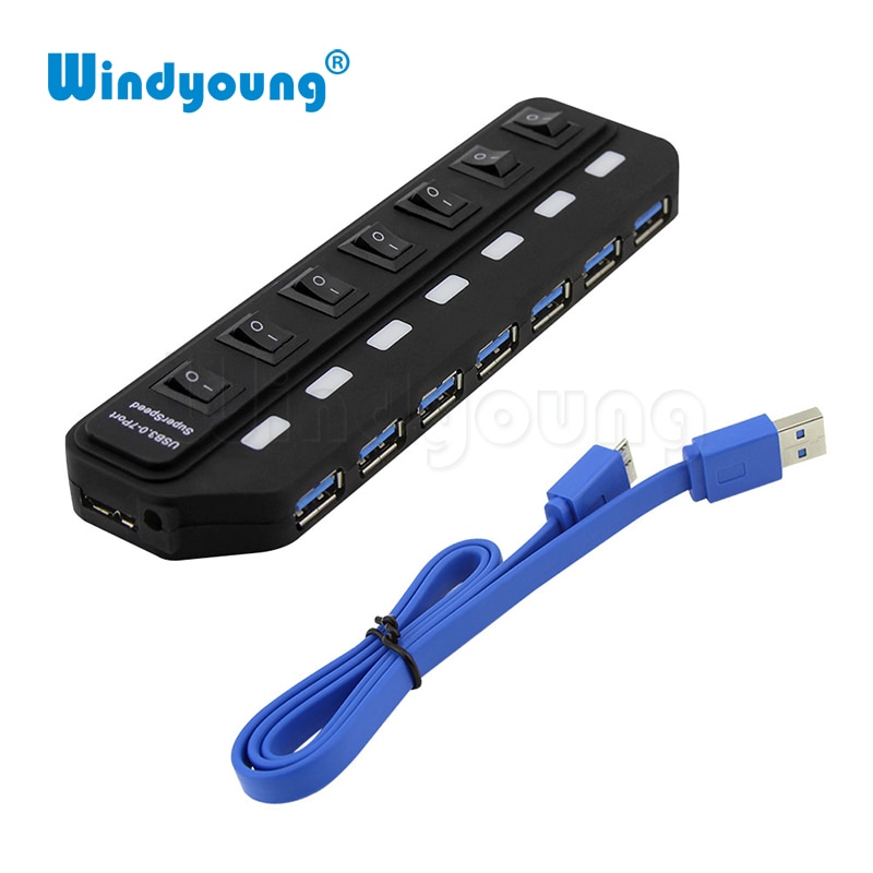 Windyoung USB3.0 HUB 7 Port with Power Charging and Switch Multiple USB Power Adapter LED ON/OFF Switch Splitter for PC Laptop