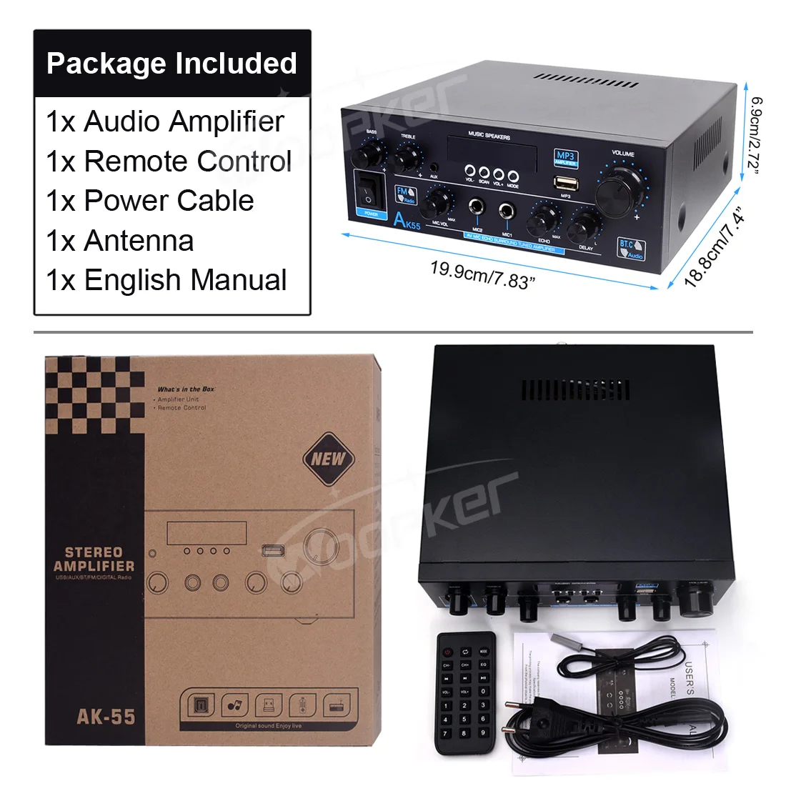 Woopker AK55/AK45 Pro/AK390/AK380 Sound Amplifier Bluetooth Amplifier HiFi Digital Audio Subwoofer 2 Channel FM USB Home Theater