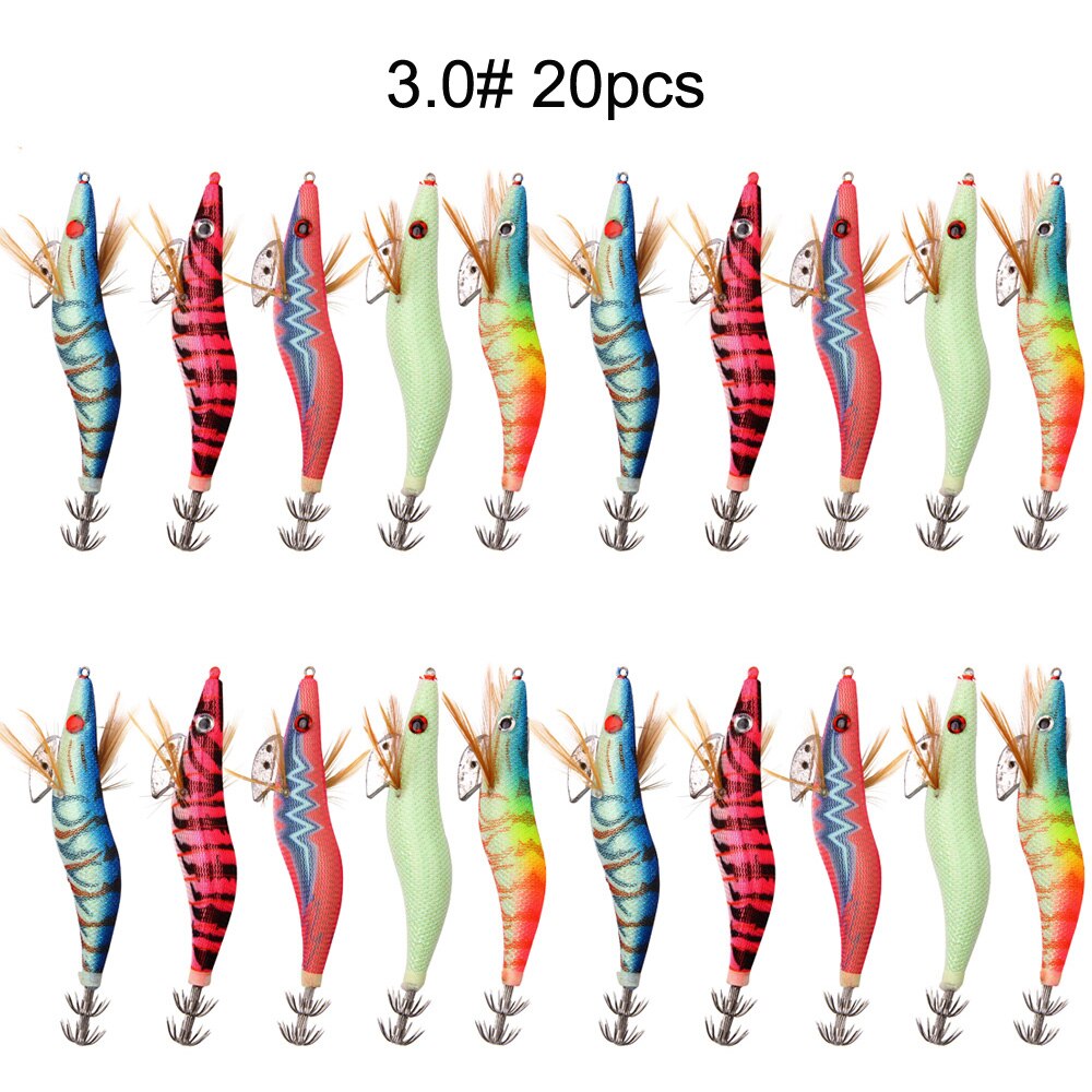 20 piezas de señuelo de pesca duro cebo de plomo calamar plantilla gancho de madera camarones señuelos de pulpo sepia Gamba cebo tamaño 2,5 #3,0 #3,5 #: 3.0  15g