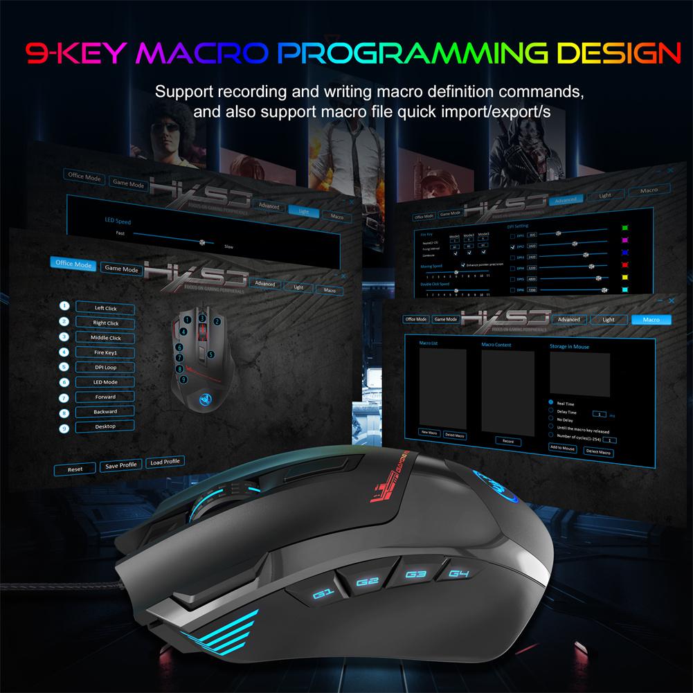 Macro Programming RGB Light 7200DPI Luminous Game Mouse Electric Race Cable Mouse 9 Buttons USB Wired Adjustable Gaming Mouse