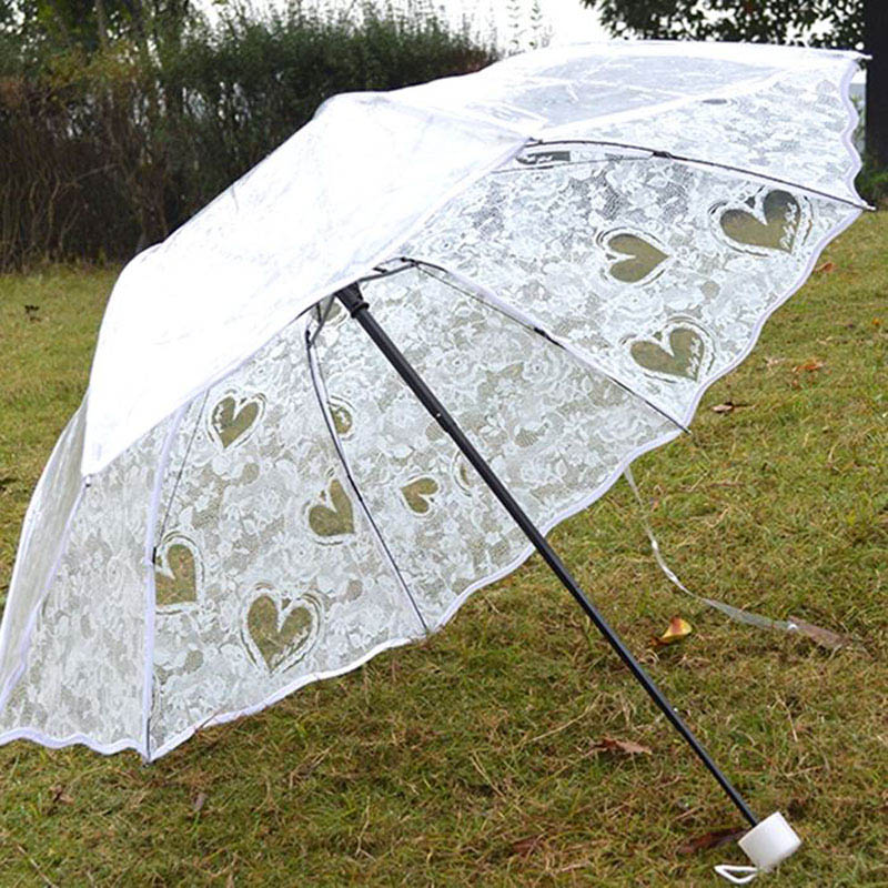 Branco transparente dobrável guarda-chuva chuva feminino à prova dwaterproof água plástico claro rendas casamento parasol feminino 8 costelas atividade guarda-sóis: Default Title