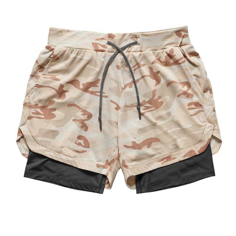 Mænds yogatræning hurtig tørløbende camouflage shorts 2 in 1 sports jogging fitness shorts: Khaki / L
