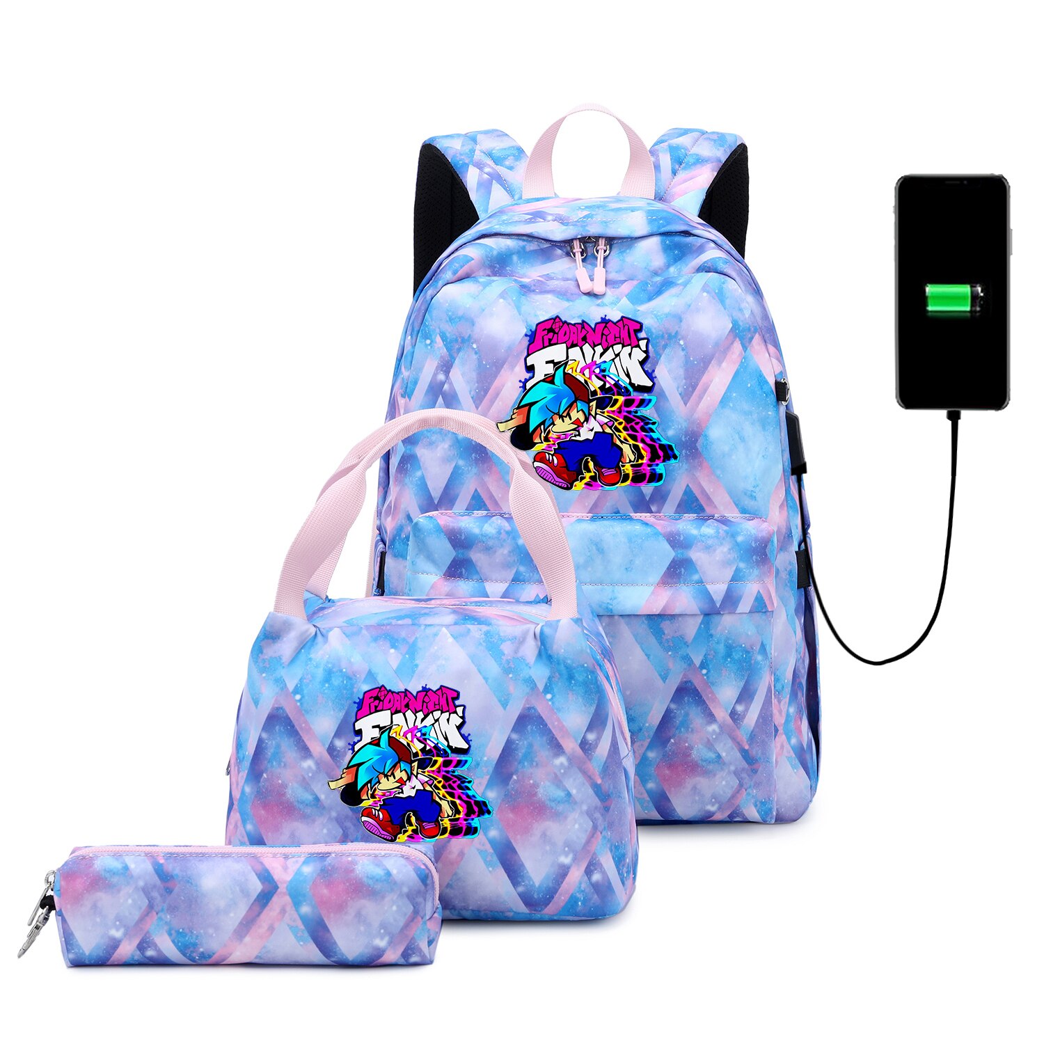 Funkin-mochilas escolares para adolescentes, niños y niñas, juego de Mochila de viaje con carga USB, bolsa de libros para estudiantes, Juego de 3 unids/set: 006