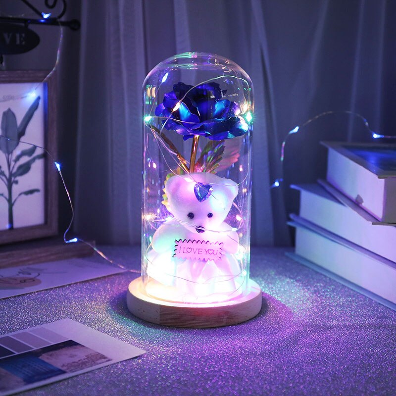 Galaxy Rose In Glass Dome With Lights Infinity Rose Flower Shines Like A Enchanted Glass Rose Best Valentine's Day