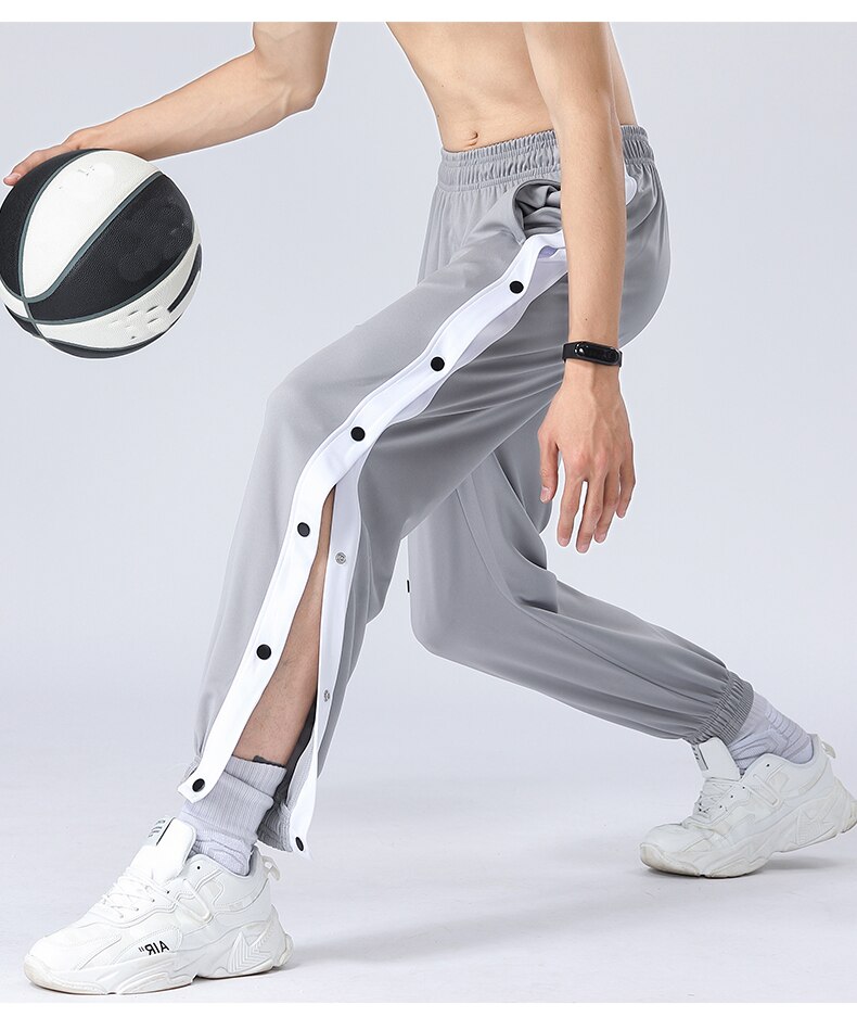 Mannen Joggingbroek Basketbal Sport Dichtgeknoopt Broek Dunne Gedeelte Volledig Open Button Side Broek Straight Grote Maat Losse Broek