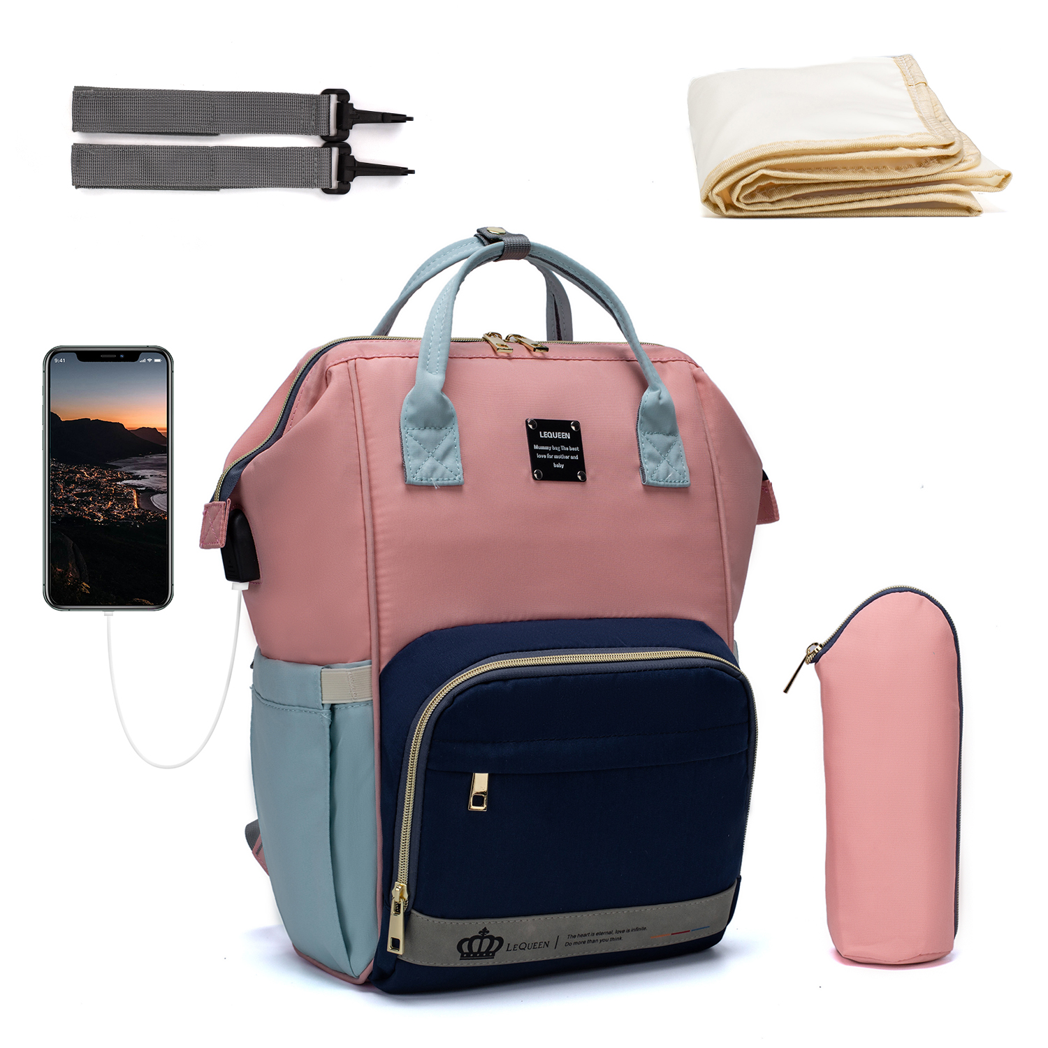 Lequeen Nappy Backpack Bag Mummy Large Capacity Bag Mom Baby Multi-function Waterproof Outdoor Travel Diaper Bags For Baby Care: USB Pink Blue