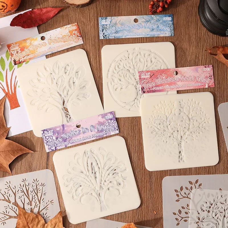 6 unids/set de plantillas de la serie de árboles para pintar y decorar, plantillas de plantillas de árbol de hueco para álbum de recortes, diario, suministros para estudiantes