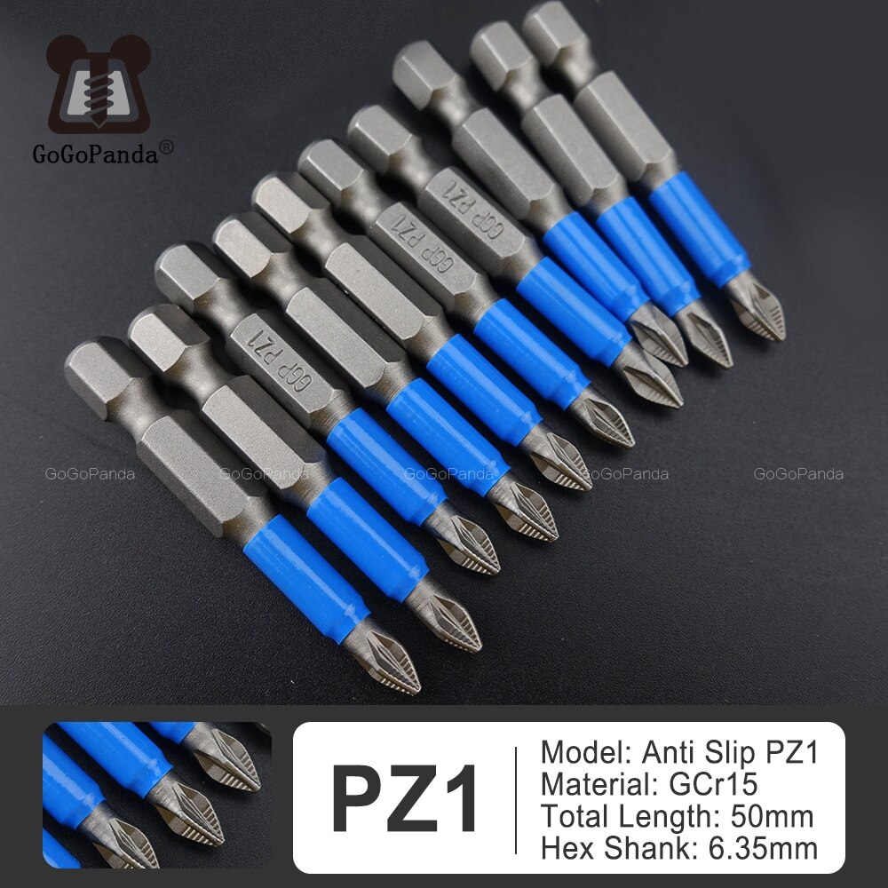 10 stk / lot 50mm gcr 15 pozidrive bits sekskantskruet skridsikker skruetrækker bits magnetisk enkelt hoved  pz1 / pz2 / pz3: 50mm pz1