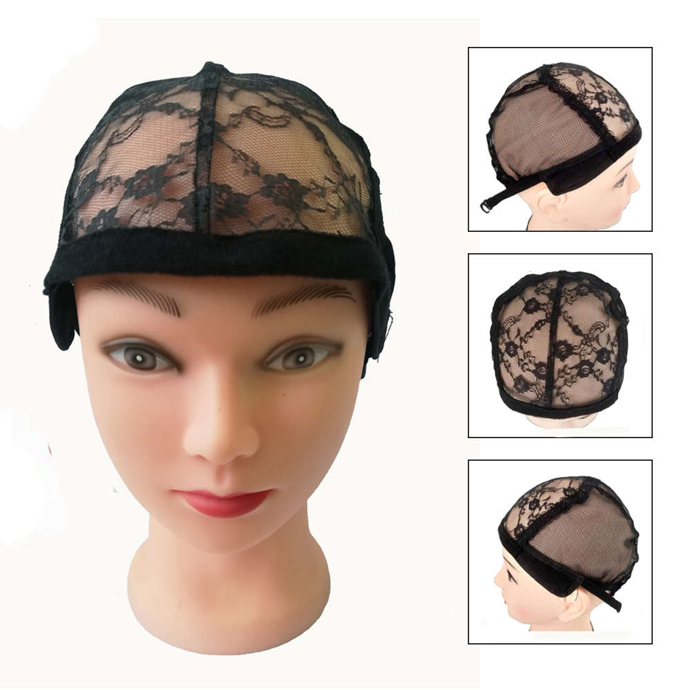 Casquettes de perruque en dentelle respirante de pour la fabrication de perruques de taille moyenne noire avec sangles réglables filet de cheveux élastique dans des filets à cheveux: Jet-noir