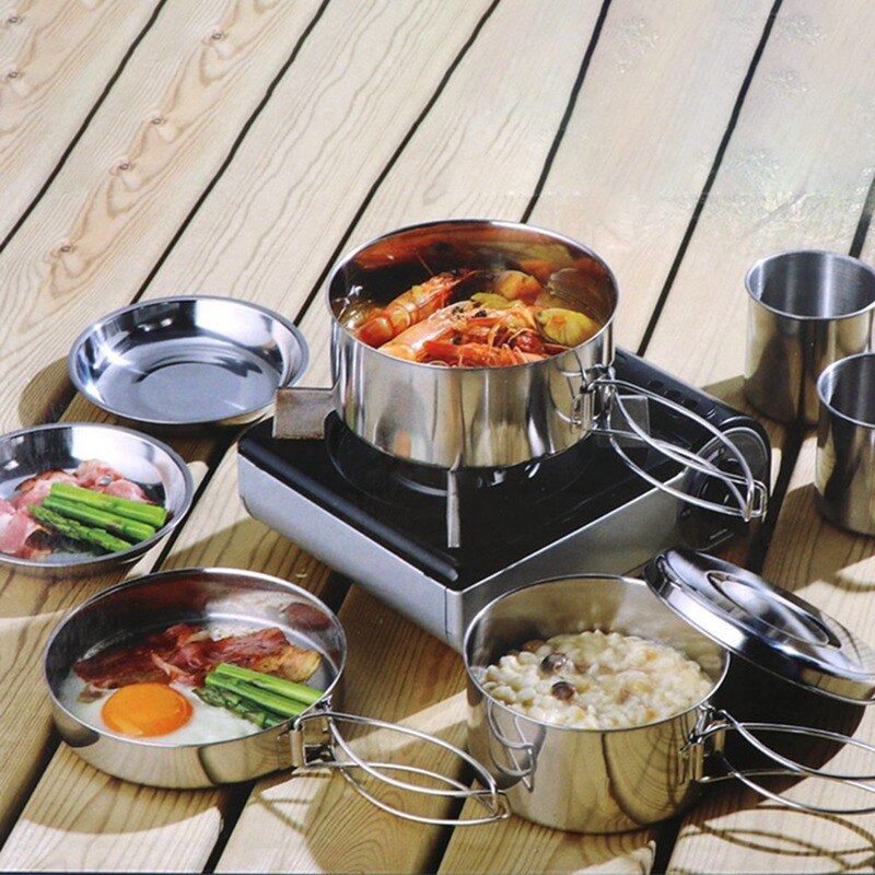 8Pcs Outdoor Roestvrij Stalen Pot Bergbeklimmen Camping Draagbare Kom Grill Vouwen Potten En Pannen Set Koken Anti-aanbak Kookgerei