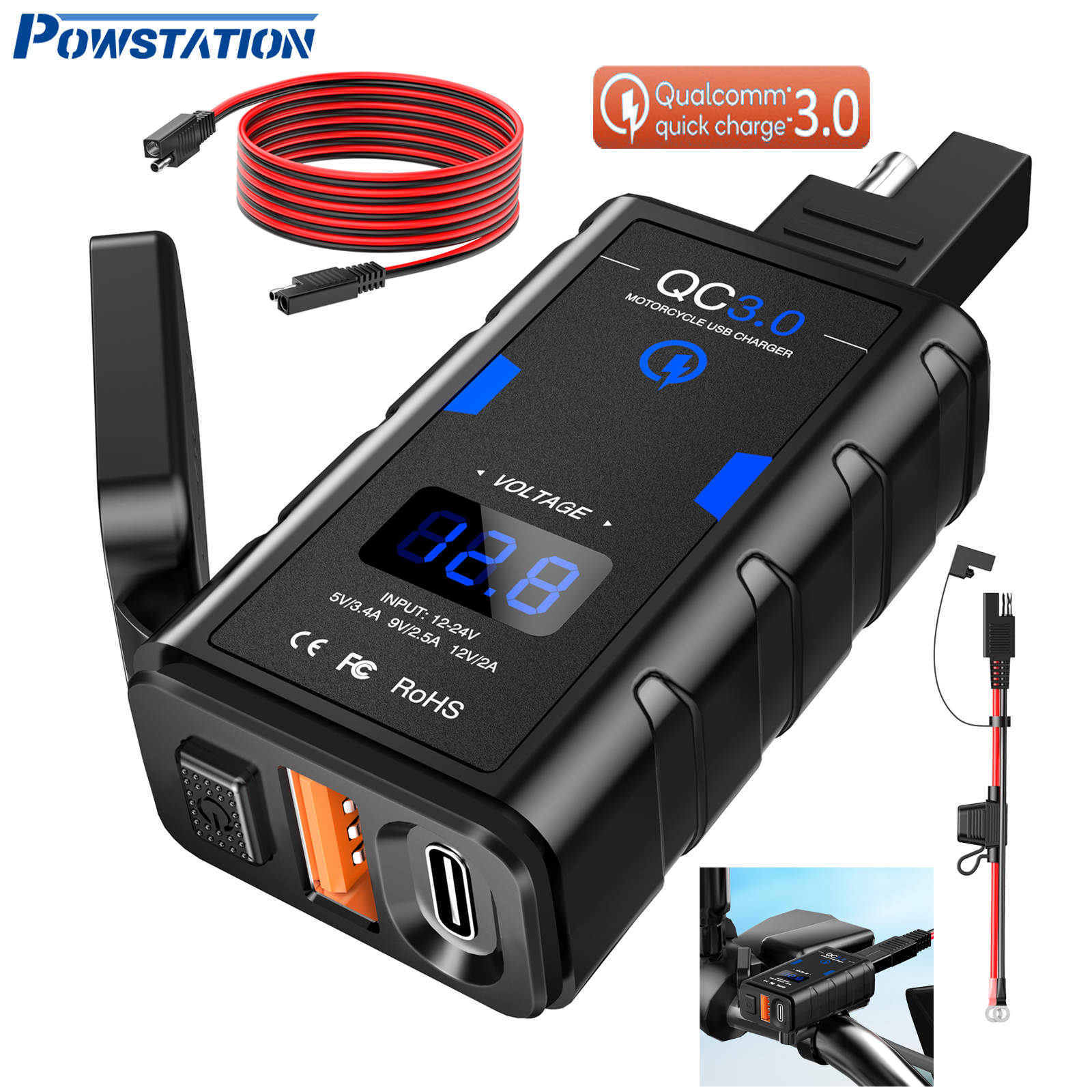 Powstation Waterdichte motorfiets telefoonoplader QC3.0 USB + Type C 6.4A oplader met snoer Voltmeter Moto-voedingsaansluiting