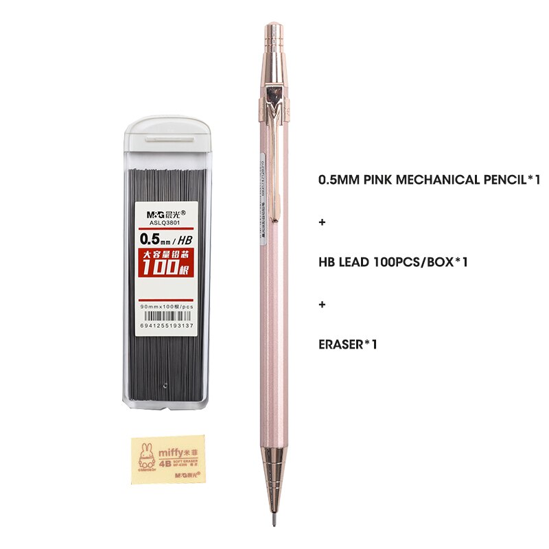 M&amp;G Full Metal Mechanical Pencils Morandi Color 0.5mm HB Lead Refill Student Writing Automatic Pencils Lapiseira School Supplies: 0.5mm 3pcs Pink
