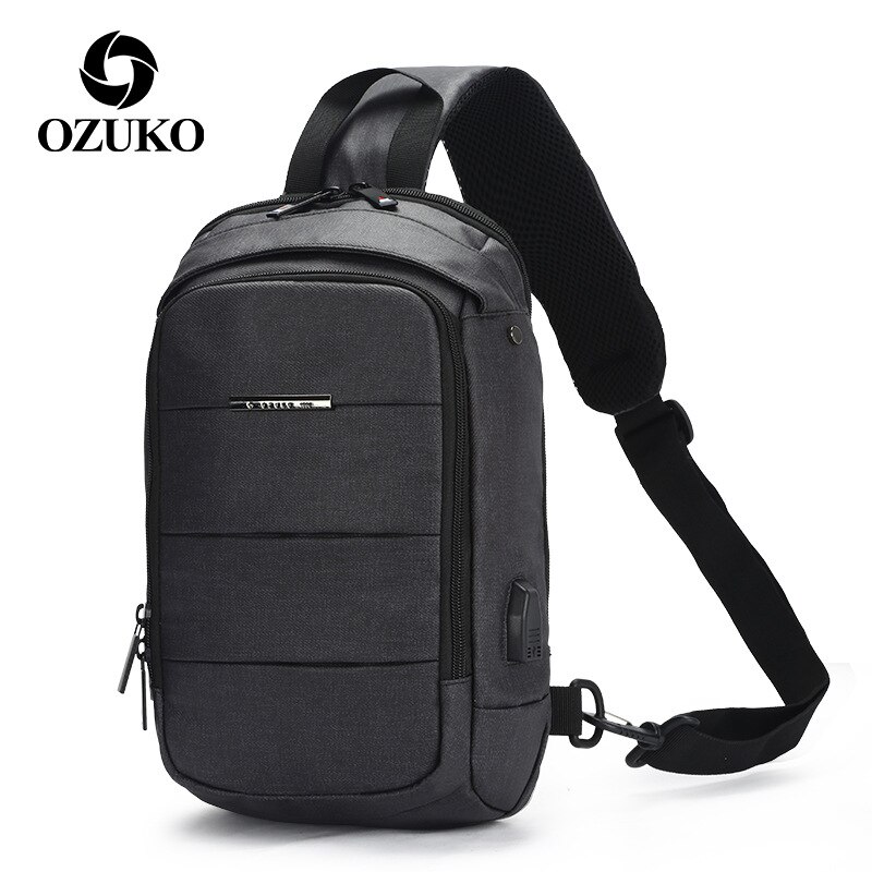 OZUKO sacs à bandoulière imperméables hommes poitrine Pack homme sac à bandoulière grande capacité Oxford poitrine sacs USB sacs de charge pour hommes: Black(9042)