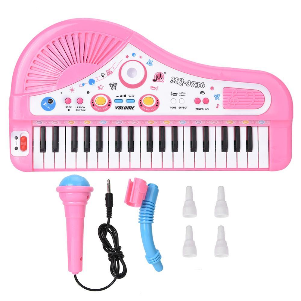 Leuke Roze 37-Key Toetsenbord Met Microfoon Musical Digitale Elektronische Oplaadbare Baby Piano Muziek Leren Educatief Kinderen Speelgoed