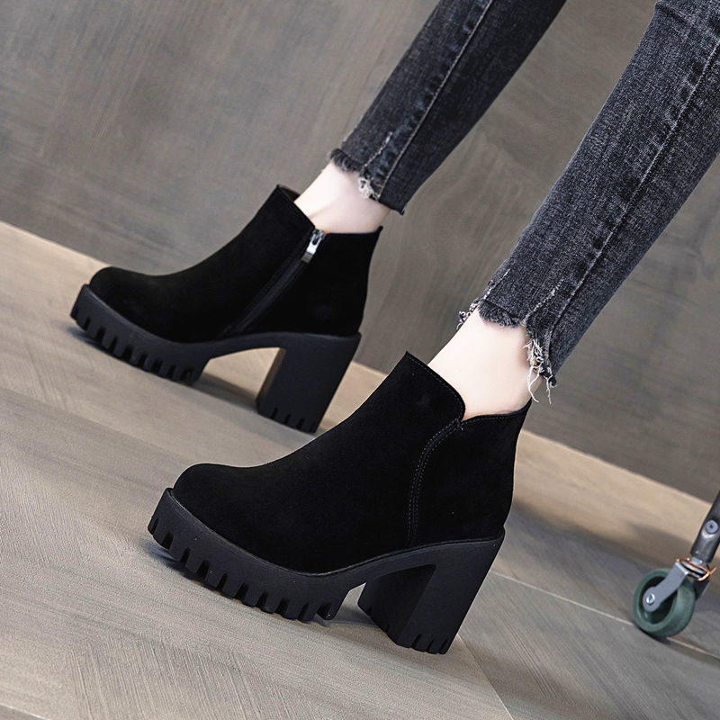 Botas de tacón grueso para mujer, Botines negros de tacón alto, botines gruesos de terciopelo para Otoño e Invierno: Negro / 40
