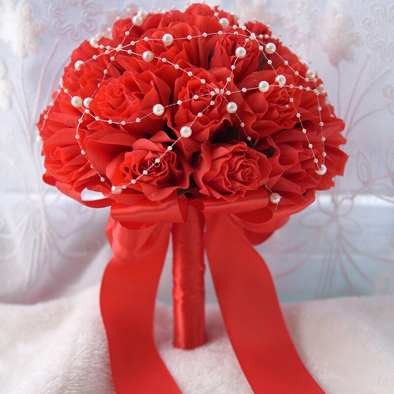 Bruiloft Bruidsboeket Holder Zijde Kunstmatige Rozen Roze Bruidsboeket voor Bruidsmeisjes Mariage Parel Decor Zijde Bloem Boeket: Red