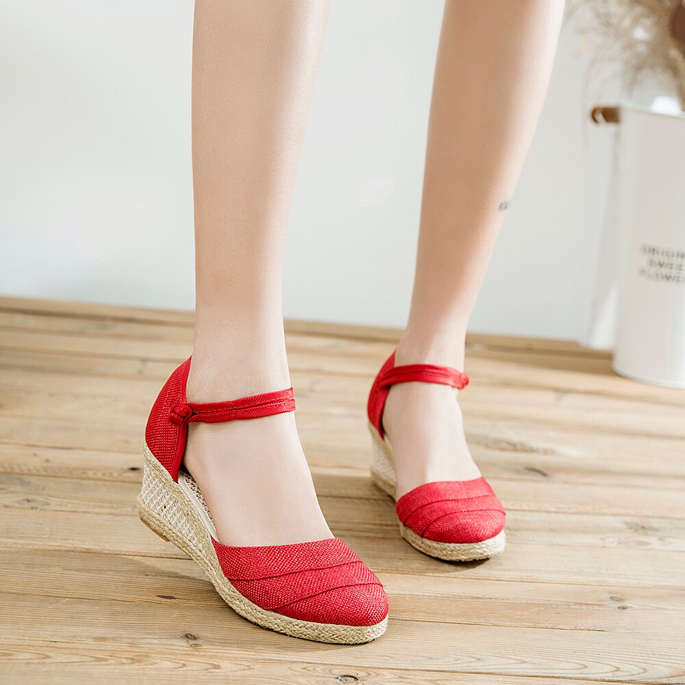 Veowalk – Espadrilles à semelles compensées en lin pour femmes, sandales faites à la main en Patchwork, plates-formes de 6cm, chaussures bohème, escarpins d'été: Rouge / 6.5