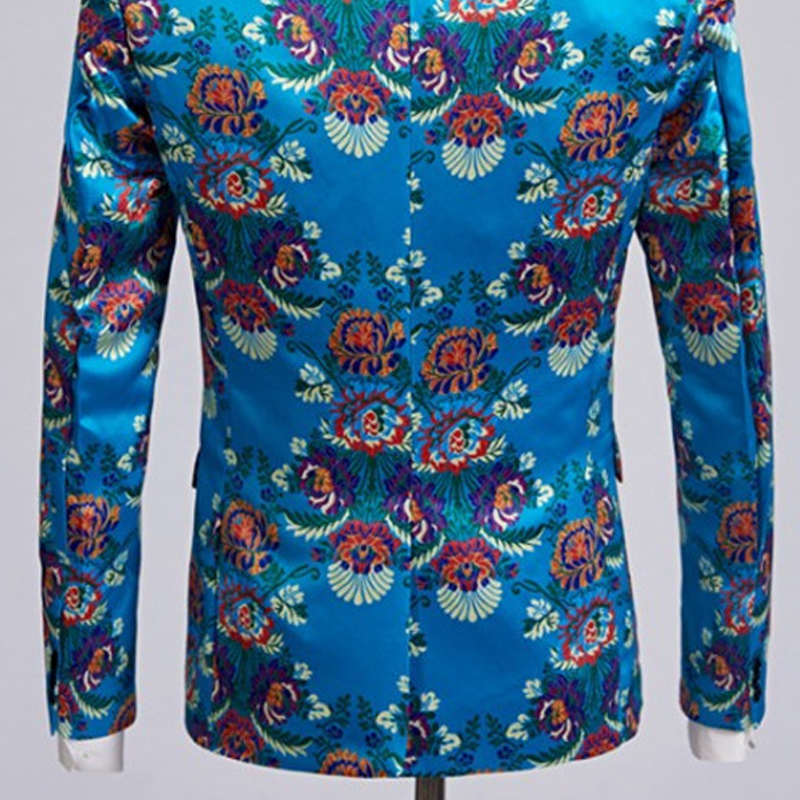 Men's Floral Print Suit Jacket One Button Lapel Lake Blue Slim Casual Suit Prom Party Dedicated Suit Jacket