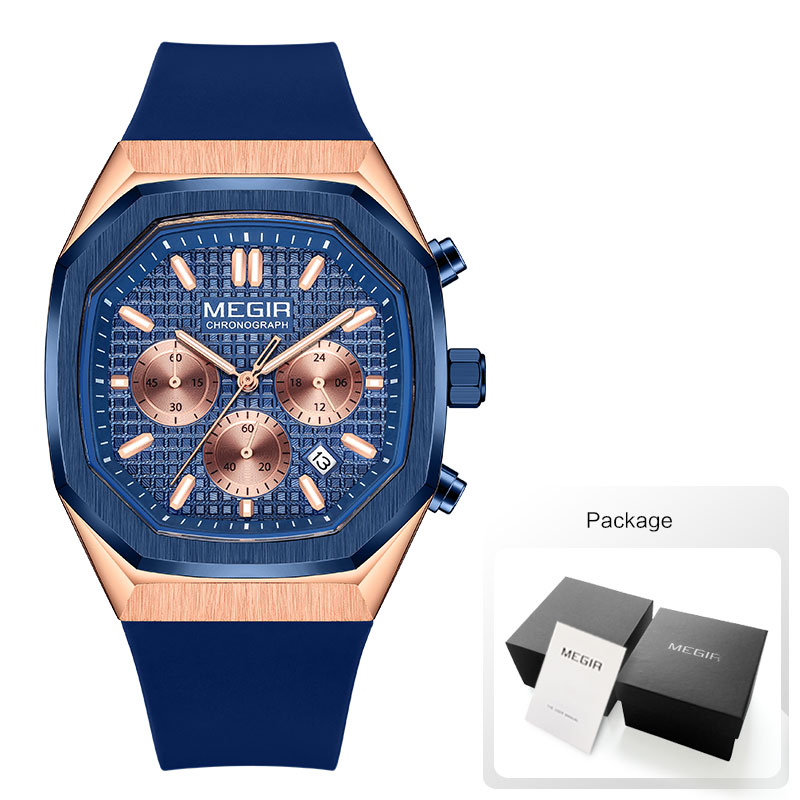 Megir heren waterdicht horloge met achthoekige wijzerplaat, chronograaf, quartz polshorloge met olijfgroene siliconen band, datumweergave en lichtgevende wijzers 2215: Oranje