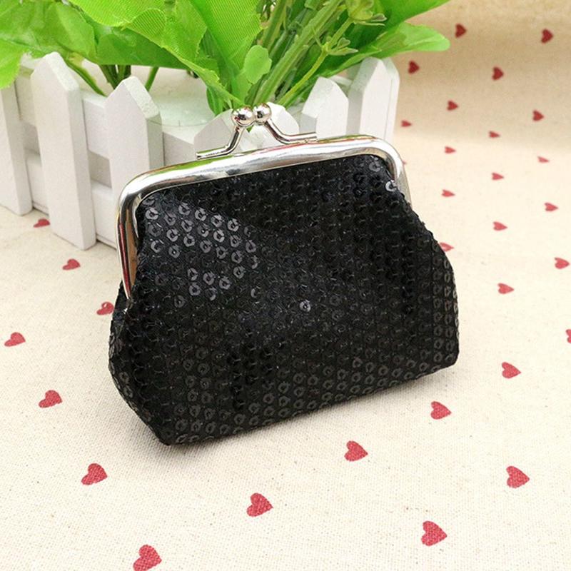 Cartera pequeña de lentejuelas para mujer, monedero, bolso de mano, broche ovalado, novedad, A82976: Black