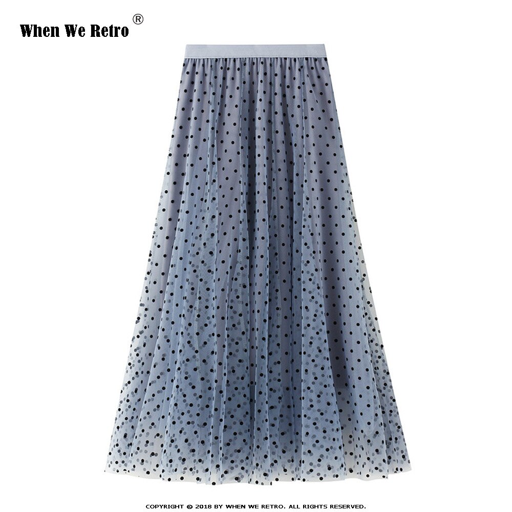 Jupe longue en Tulle pour femmes, Vintage, à pois, noir, kaki, gris, bleu marine, WF0123, été
