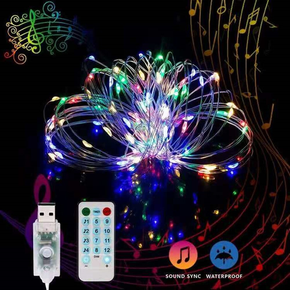 Battery/USB Operated LED Music String Lights Sound Activated 5M 10M Silver Wire Garland Party Wedding Christmas Home Decoration