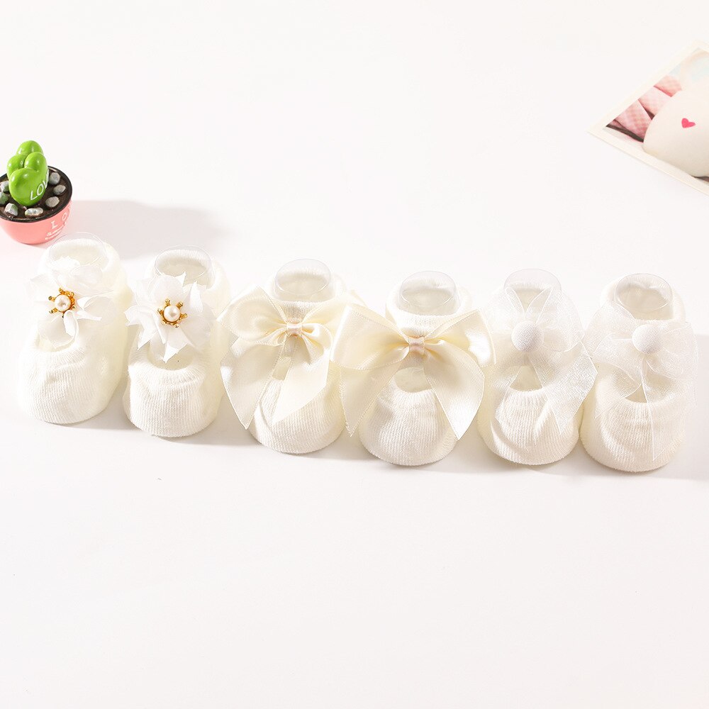 3 Paren/set 0-12Months Baby Sokken Leuke Kant Bloem Parels Crown Bows Antislip Pasgeboren Baby Meisje Sokken Katoen Prinses meisjes Sokken: 06