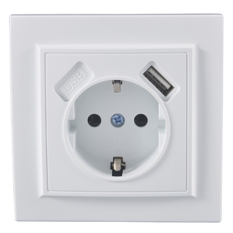 Adaptador de pared eléctrico con doble puerto USB, enchufe de pared eléctrico blanco con toma de tierra, enchufe europeo, enchufe europeo de 2A, EP-19 de carga: Single USB