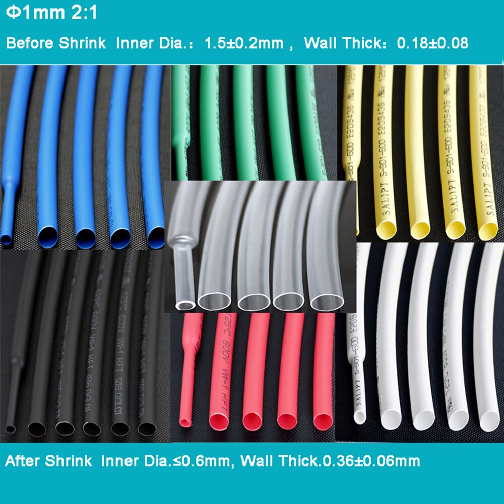 5meters 1mm 2:1 Heat Shrink Shrinkable Heatshrink Tube Tubing Electrical Wire Sleeve white/red/green/blue/Transparent/yellow