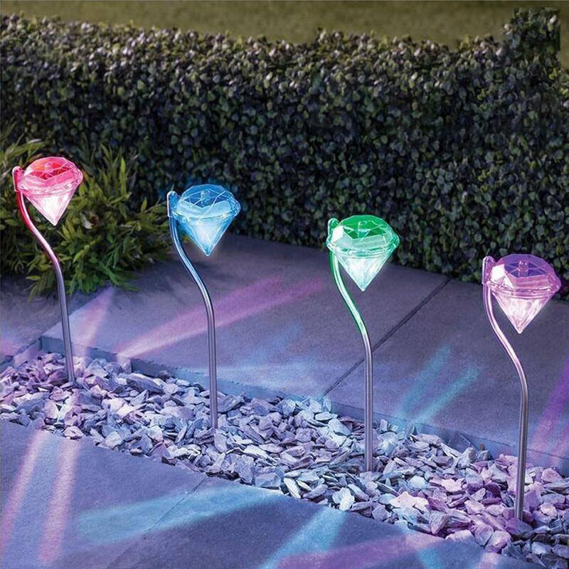 4 stk led solcellelampe havelamper udendørs vandtæt græsplæne lampe farverige diamanter gårdsplads deco lys til sti blomsterpotte sti: 4 stk farverige