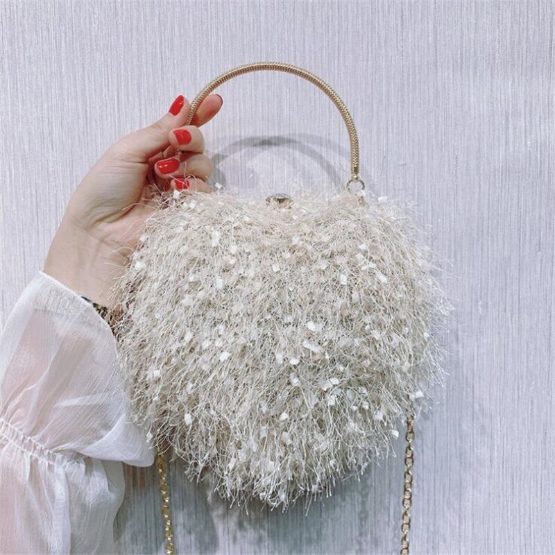 Lovely heart shaped evening clutch bags tassel wedding banquet purse for ladies party dinner wallets: Beige