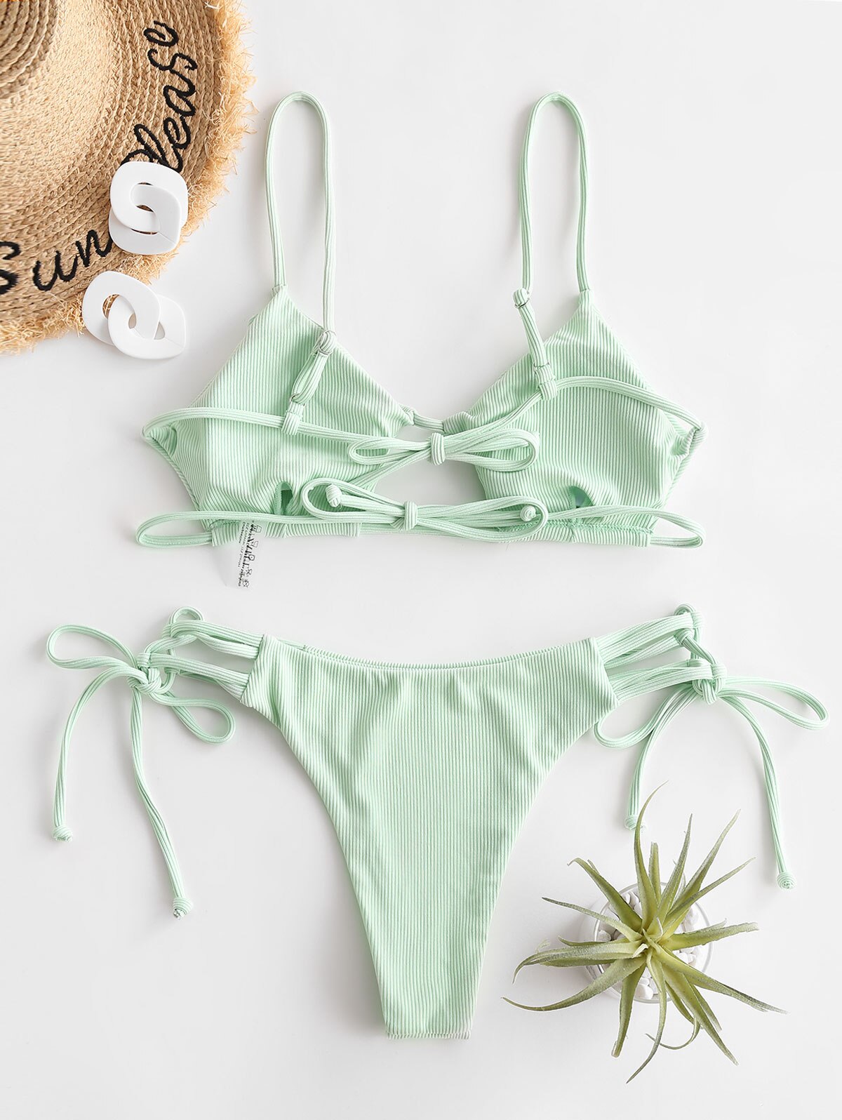 Zaful Geribbelde Hoge Cut String Bikini Badmode