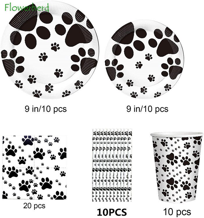Dog Party Supplies Dog Paw Disposable Dinnerware Set Plates Napkin Cup Knifves Forks Spoon Birthday Party Baby Shower Decoration