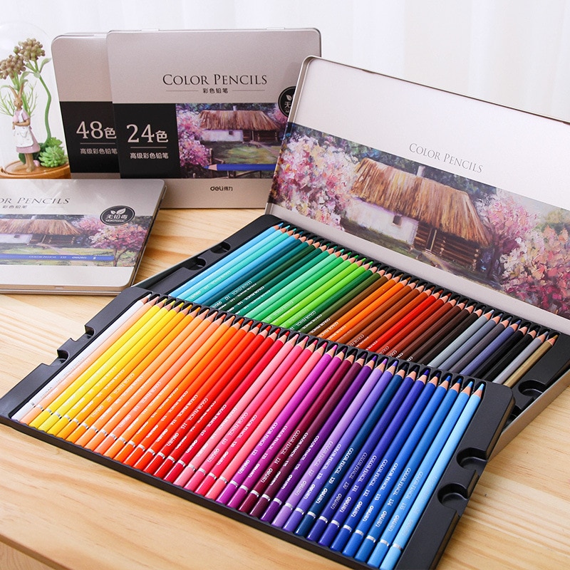Deli Oily Colored Pencil Set 24/36/48/72 Colors Oil Painting Drawing Art Supplies For Write Drawing Lapis De Cor Art Supplies