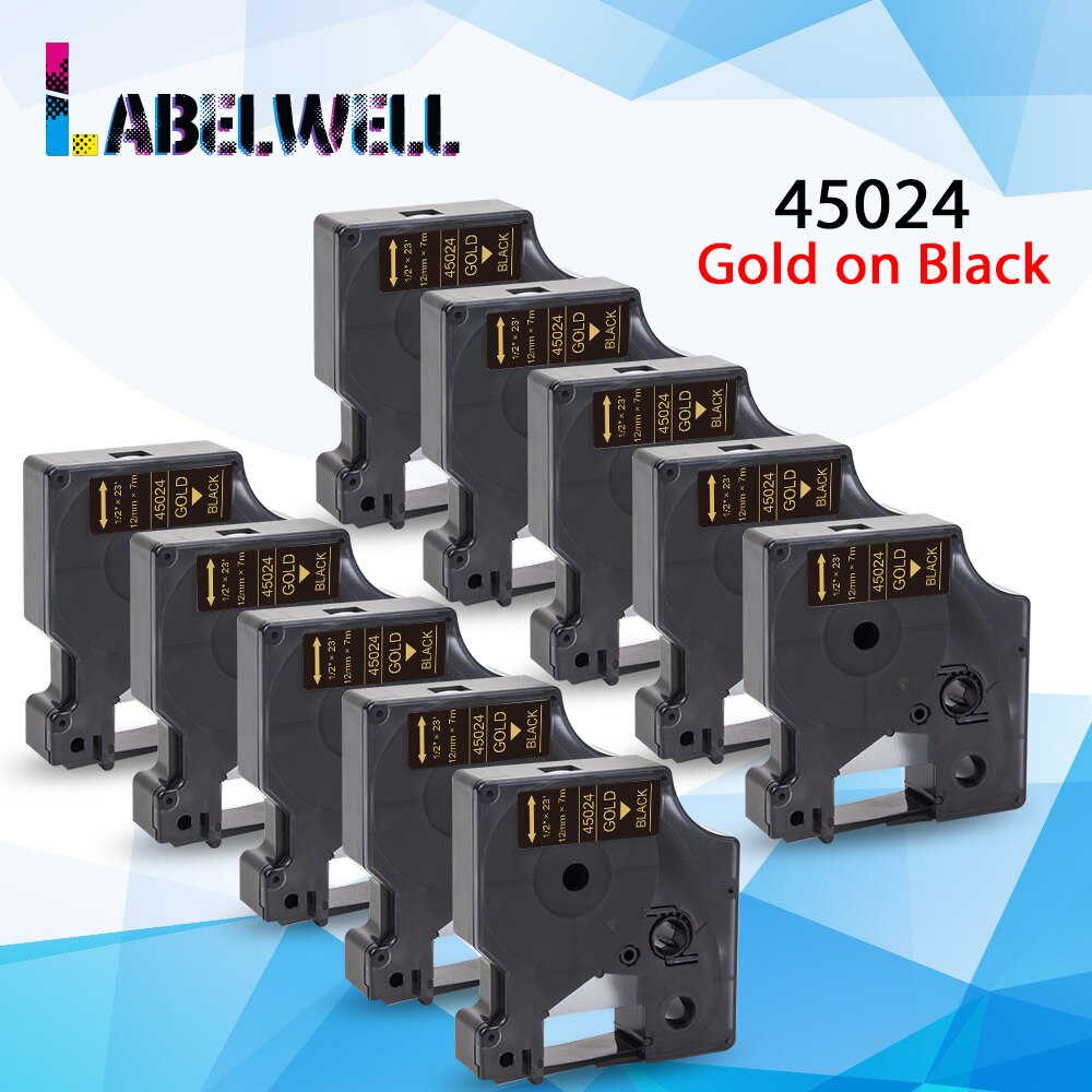 10PK 12mm 45013 Black on White For Dymo D1 45013 Label tapes Compatible for Dymo Label Manager 160 280 210 450 LM160 Label Maker: 10PK Gold on Black