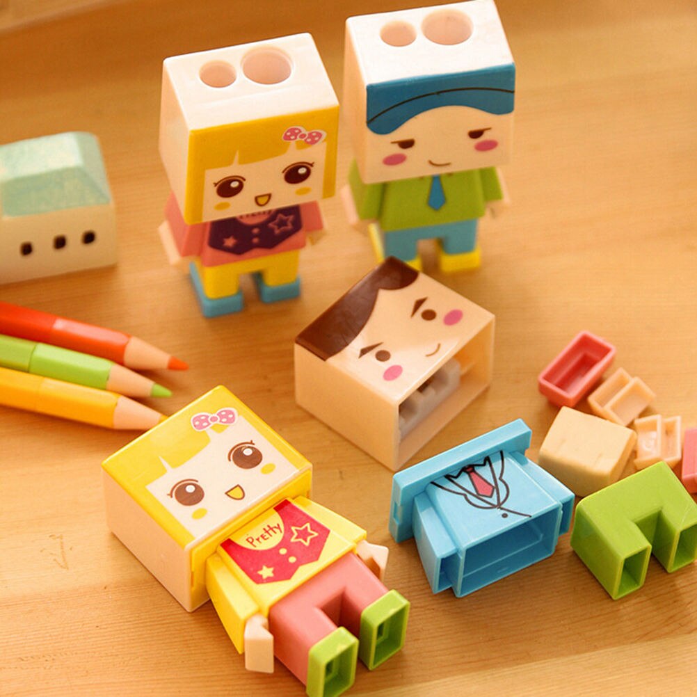 Funny Pupil Cartoon Diy Assembly Child Villain Double Hole Kid Pencil Sharpener With The Eraser Color Random Pencil Knife