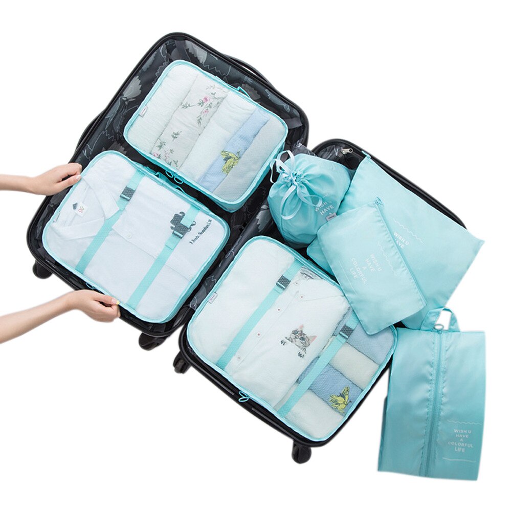 7Pcs Reistassen Waterdichte Verpakking Compressie Kleding Opbergtas Reizen Insert Case Set Bagage Organizer Pouch Verpakking Kubus: bright blue