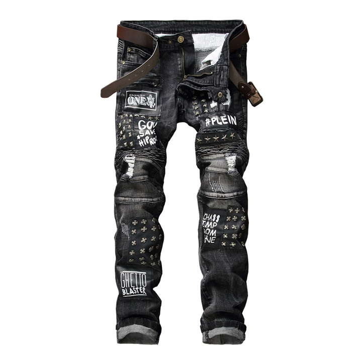 KIOVNO Jeans Bukser til Mænd - Flossede, Plisserede, Nitter, Patchwork, Denim, Punk Stil: 30