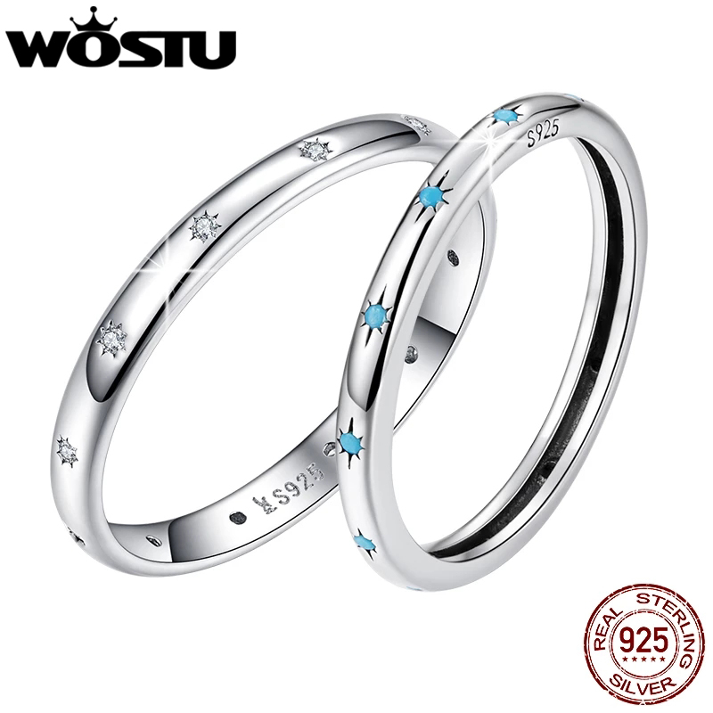 WOSTU 925 Sterling Silber Türkis Blau Stern aufbringen Einfache Größe Runde Ringe Für Frauen Weibliche Original Schmuck CTR240