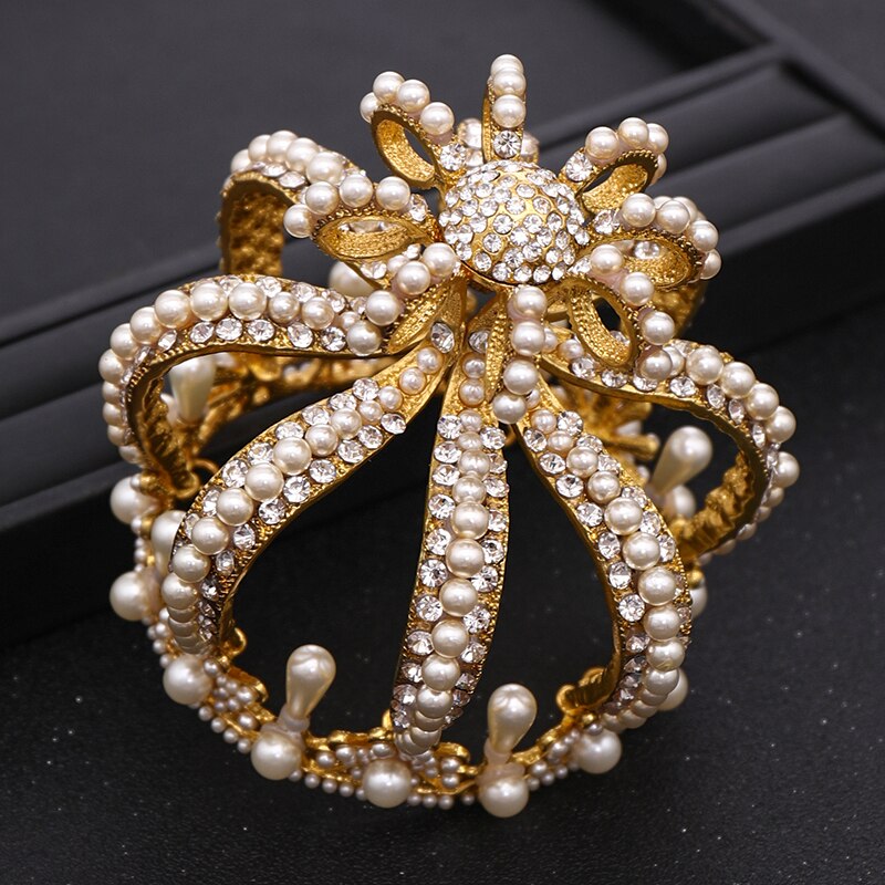 Coroa de noiva, endereço de cabeça de noiva com cristal barroco coroa de pérolas dourada coroa redonda queen tiara festa de aniversário acessórios de casamento
