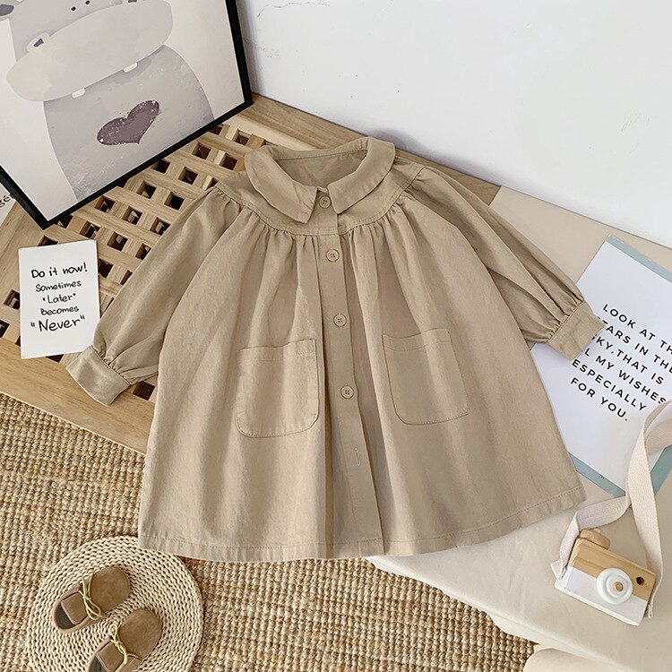 Children's Jacket Spring and Autumn Cotton Loose Pleated Foreign Style Korean Style Top Solid Color Girls Jacket: Khaki / 5T