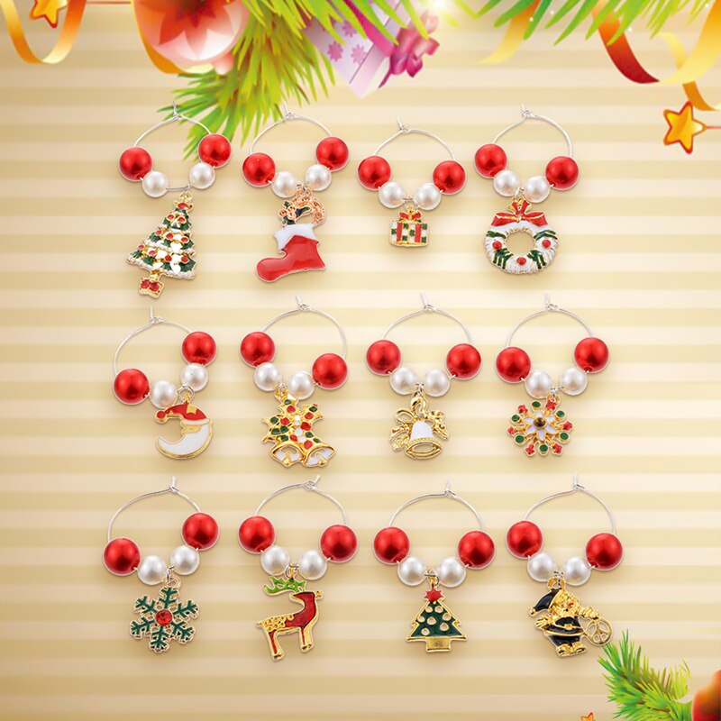 (Homemade) 12Pcs/set Christmas Party Glass Pendant Acrylic Beads Zinc Alloy Pendants Wine Glass Cup Ring Decorations Markers