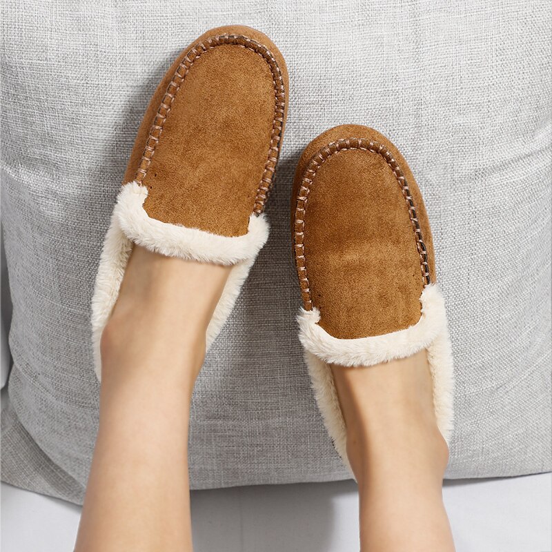 Kvinder varme moccasin sko plys vinter damer kausal blød bund skridsikker kvinde syning ruskind kvindelige loafers lejligheder