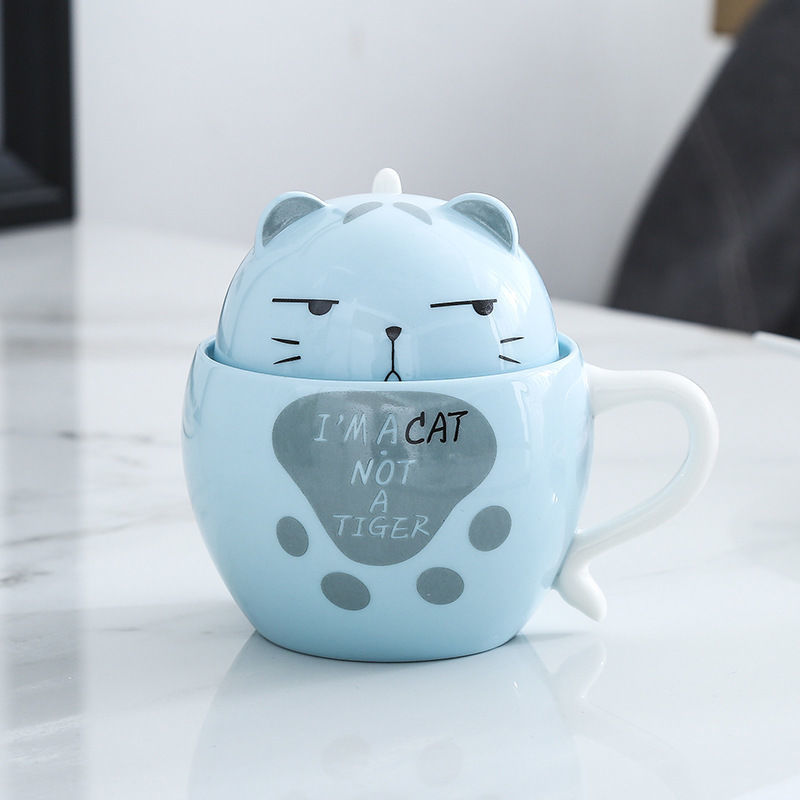 Cartoon Cat Bowl Ceramic Bowl Large Capacity Soup Bowl Kitchen Tableware Salad Bowl Ramen Noodle Bowl With Lid Spoon Fruit Bowl: Blue 400ml