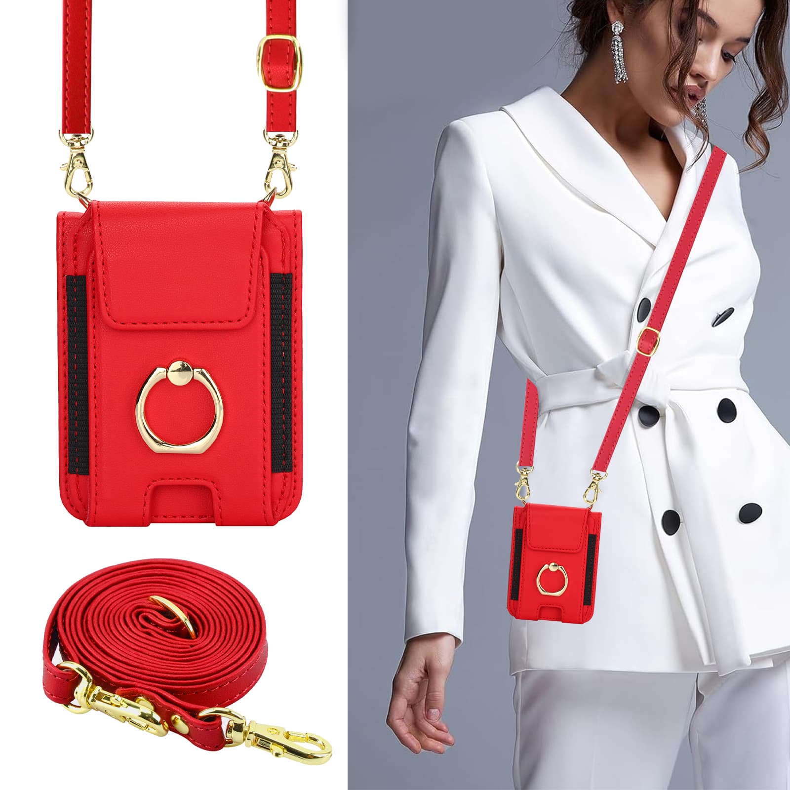 Ringholder, armbånd, kortholder, crossbody-læderetui til motorola moto razr 50 50 ultra 40 40 ultralangt cover med snor og pung: Abs / Guld