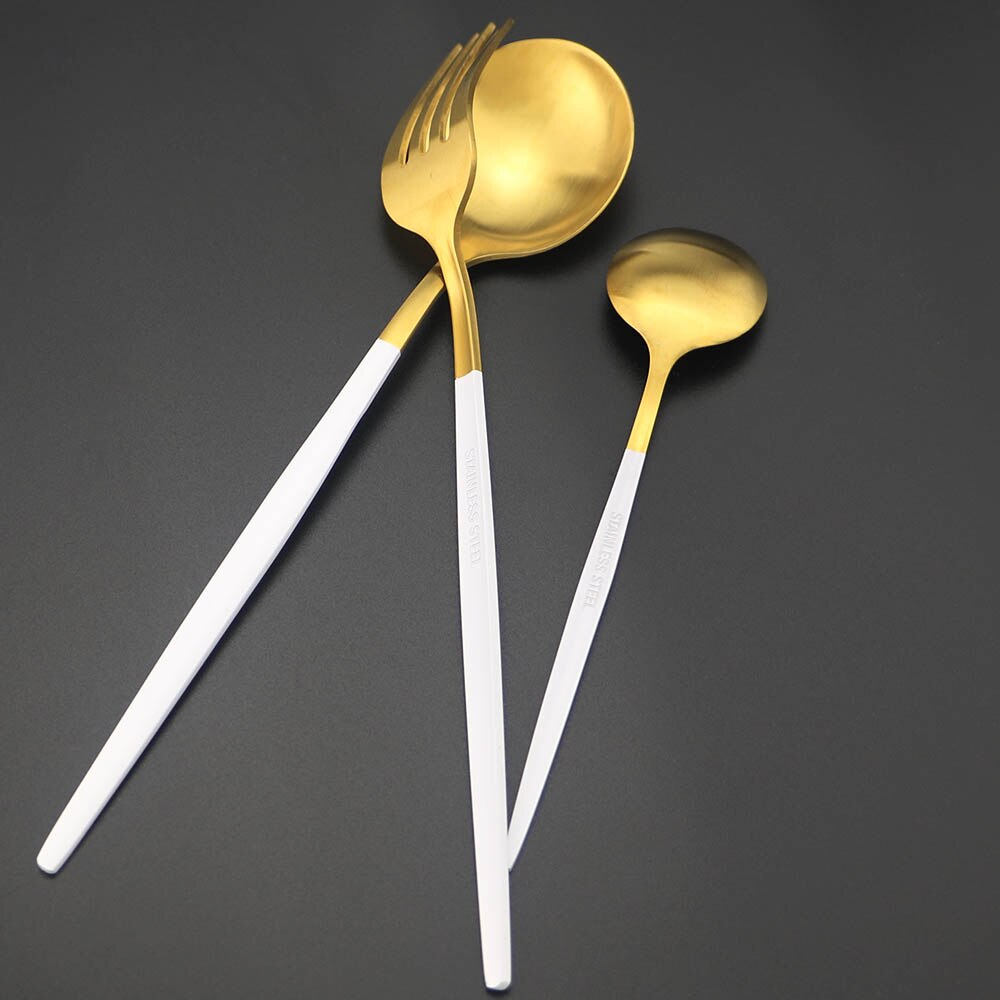 Couverts en acier inoxydable 304, 24 pièces, blanc et or mat, service de table, vaisselle, vaisselle, coutellerie, couteau, fourchette, cuillère, argenterie