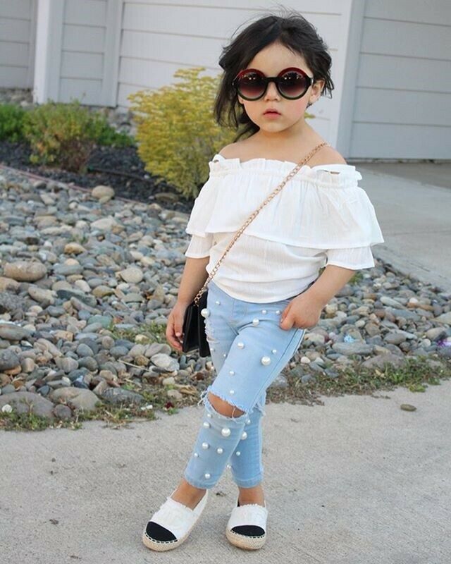 Meninas doces Do Bebê Contas Buraco Caber Jeans Verão Casual Desfiado Buraco Calça Jeans buraco azul Denim Calças Casuais ElasticTrousers