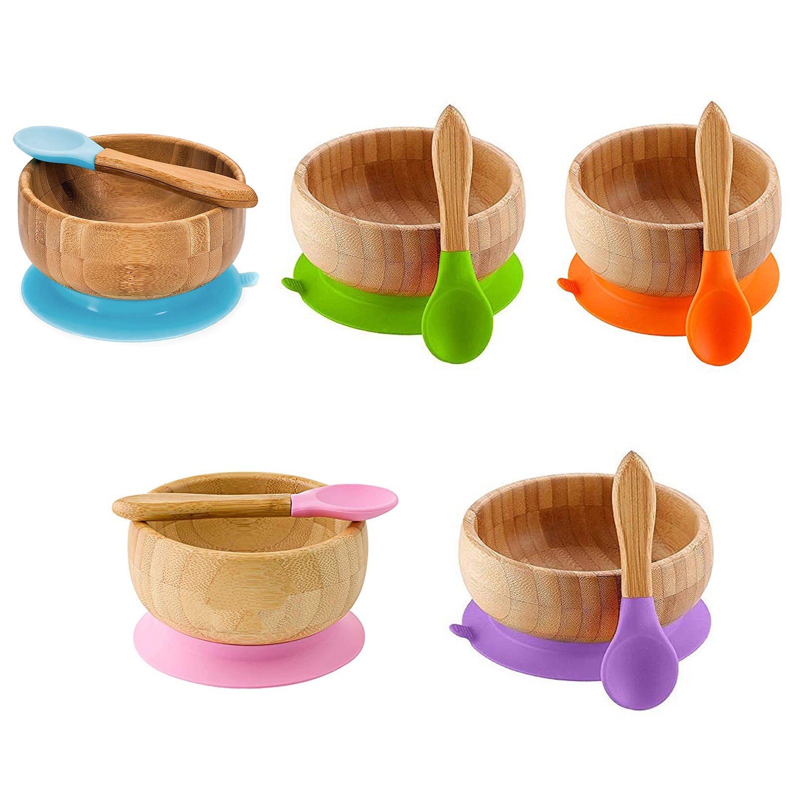 Cuchara de tazón para bebé, cubiertos de alimentación de bambú, inferior de succión libre de BPA, utensilios ecológicos para niños, vajilla de entrenamiento para bebé