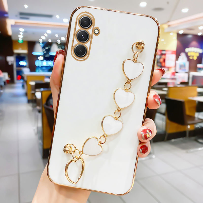 For Samsung Galaxy A15 4G A25 A35 A55 5G A05S Luxury Plating Love Heart Bracelet Chain Case On A 15 25 35 55 05 Soft Back Cover: Denim / black